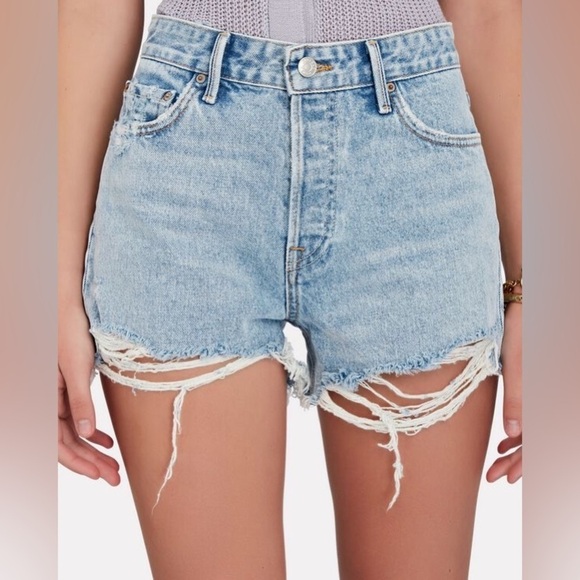 GRLFRND Helena Newport Blue Distressed High Rise Cut-Off Denim Shorts NWT Sz 28 - Picture 1 of 12